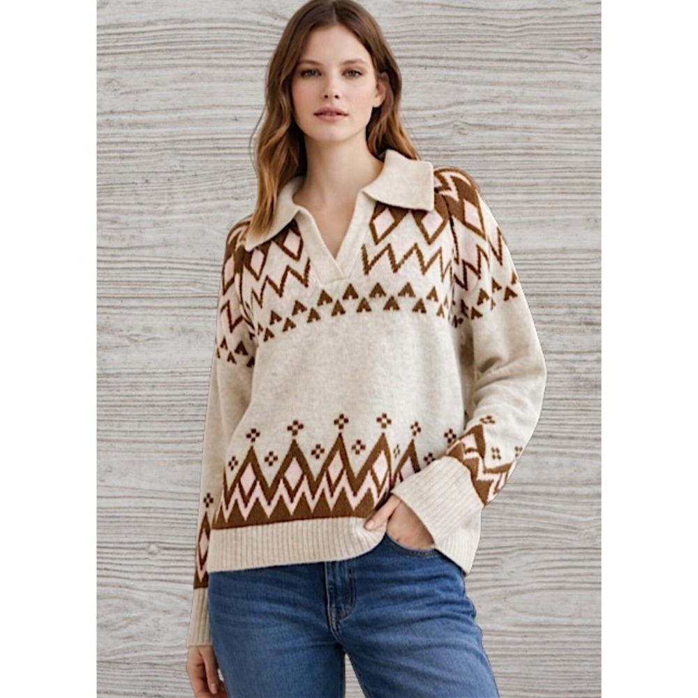 NWT CeCe Fair Isle Sweater XL Johnny Collar Cream Pink Brown Cozy Knit Pullover